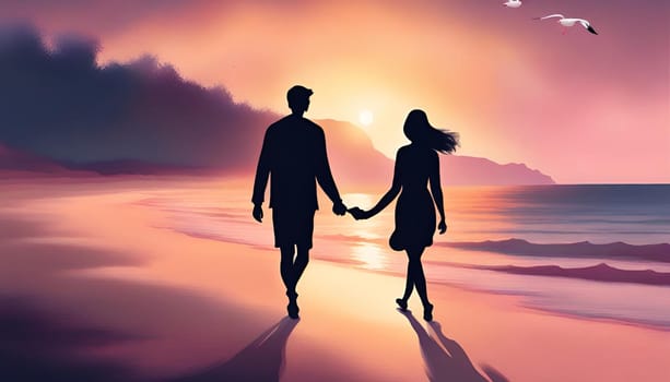 A couple holding hands and walking on a beach at sunset. The sky is orange and pink, and the ocean is calm. There are some seagulls flying in the distance. Happy Valentine's Day.