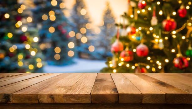 Christmas decoration in background with a empty wooden background