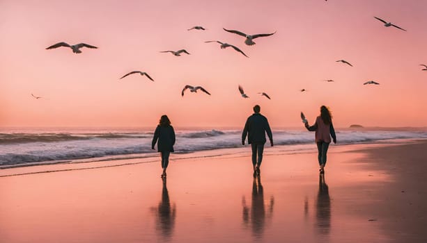 A couple holding hands and walking on a beach at sunset. The sky is orange and pink, and the ocean is calm. There are some seagulls flying in the distance. Happy Valentine's Day.