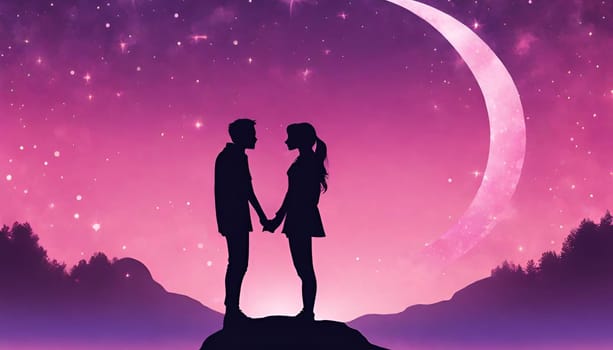 valentine's Day. A pink and purple sky with a crescent moon and stars. with a couple holding hands and kissing in the foreground.Happy Valentine's Day c