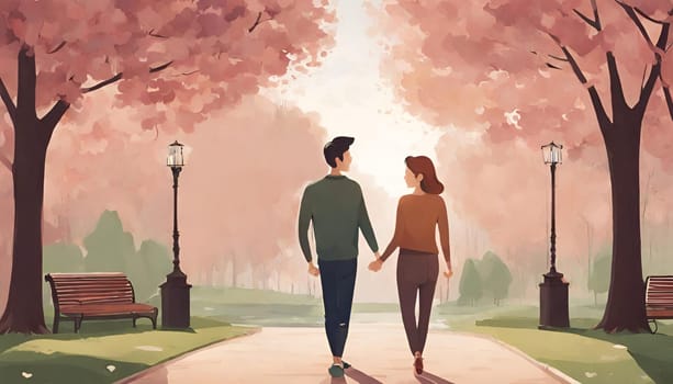 A couple holding hands and smiling at each other in a romantic park. The beautiful surroundings of a park add to the romantic atmosphere. Happy Valentine's Day c
