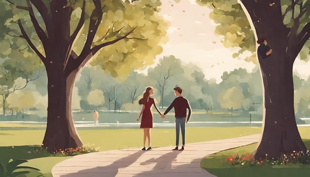 A couple holding hands and smiling at each other in a romantic park. The beautiful surroundings of a park add to the romantic atmosphere. Happy Valentine's Day