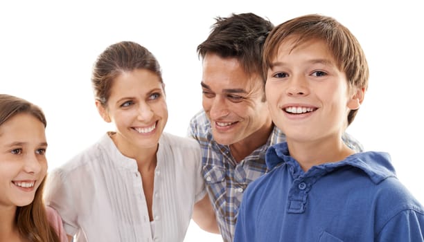 Portrait of mom, dad and children on a white background for bonding, relationship and love. Family, happy and face of isolated mother, father and kids smile for support, care and relax in studio.