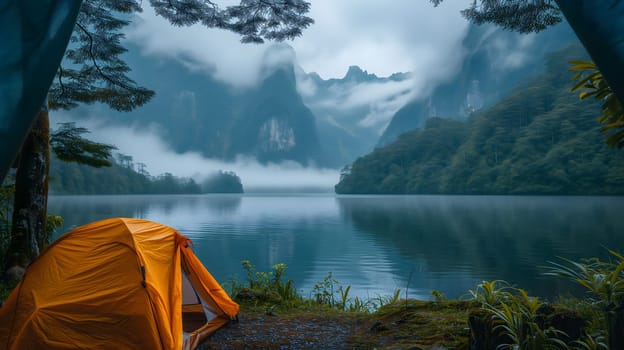 Close-up of a tent in the foreground and mountains with fog in the background with a lake or river in the foreground. Neural network generated image. Not based on any actual scene or pattern.