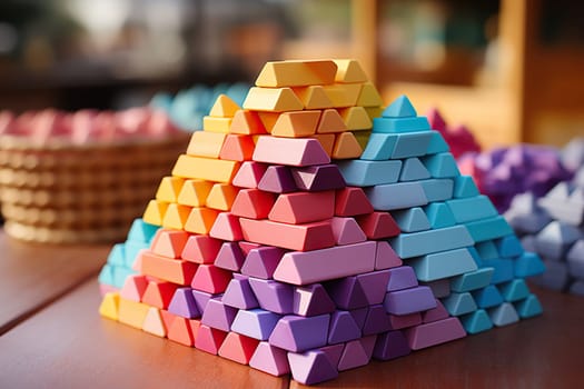 Colored crayons for children's creativity are folded into a pyramid on the table.