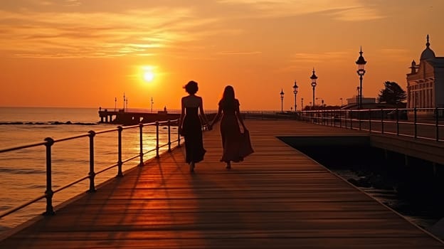 Silhouette of two women on the pier at sunset.