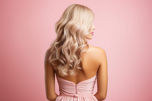 Rear view of a slender blonde woman in a pink dress against a pink wall.