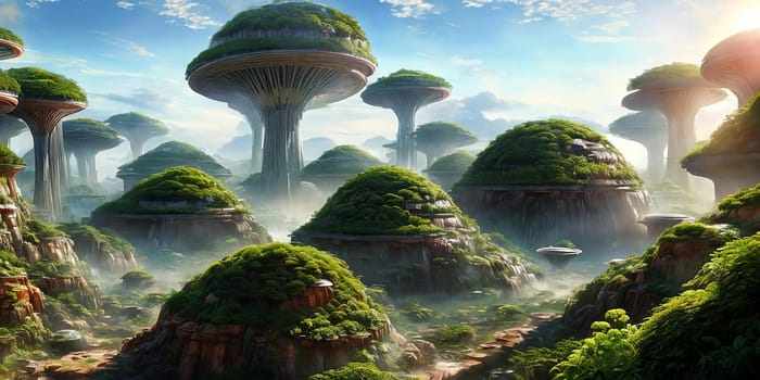 Vibrant biodome city on alien planet, diverse ecosystems, artificial, bioengineered. A futuristic oasis teeming with life innovation.