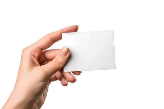 Woman Hand holding blank business card on white background. Neural network generated image. Not based on any actual scene or pattern.