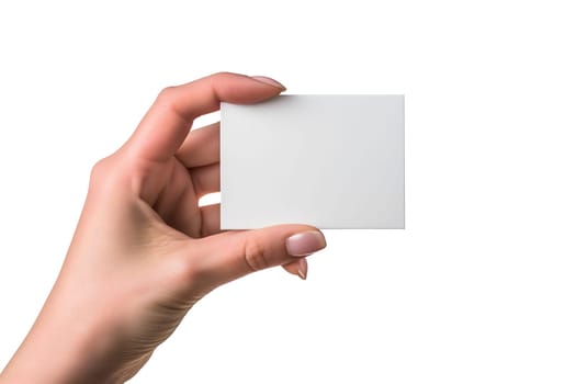 Woman Hand holding blank business card on white background. Neural network generated image. Not based on any actual scene or pattern.