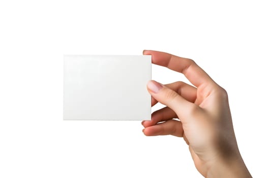 Woman Hand holding blank business card on white background. Neural network generated image. Not based on any actual scene or pattern.