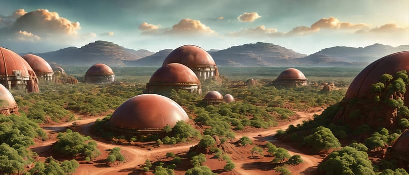 A breathtaking digital artwork of a transformed Mars settlement in the future, showcasing domed habitats, terraforming machinery, and abundant greenery changing the red planet into a livable world.