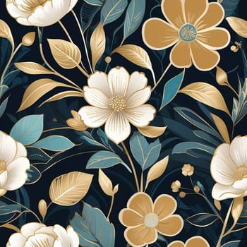 Seamless pattern with gold flowers and leaves on dark blue background. AI Generated.