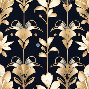 Seamless pattern with golden lilies on dark blue background. Generative AI.