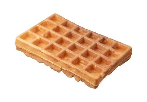 Freshly baked single Belgian waffle on a white background