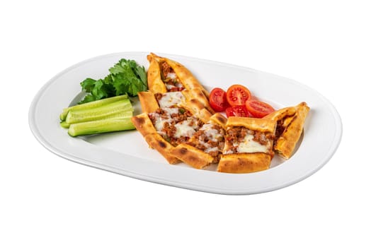 Sliced ​​minced meat pita with buttermilk and salad on white background