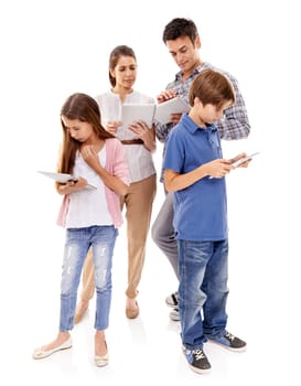 Family, tablet or online in studio for communication with text message, conversation or internet streaming. Father, mother or children with touchscreen, technology or social media on white background.