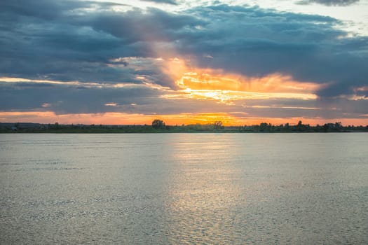Image of sunset over river Tom Tomsk in summer