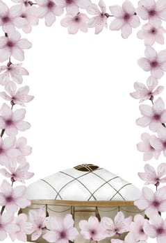 Watercolor postcard for Nauryz holiday. Template with frame of pink cherry blossoms and yurt. Clipart for the Kazakh holiday of the spring equinox. Novruz Asian festival. High quality illustration