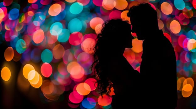 Silhouette of a couple with a colorful bokeh background. Neural network generated image. Not based on any actual person or scene.