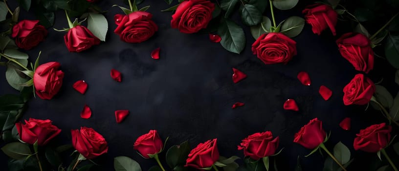 Red roses on black background with copy space. Neural network generated image. Not based on any actual person or scene.