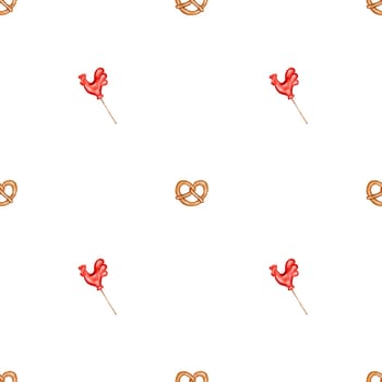 Watercolor pattern with pretzel and lollipop. Elegant minimalist design in a folk style. For rustic kitchen textiles and for wrapping paper for a trendy bakery store. High quality illustration