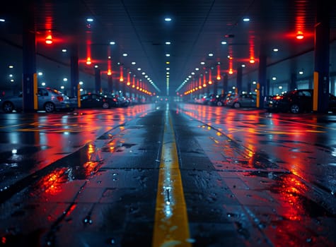 a parking garage with a lot of cars parked in it at night . High quality