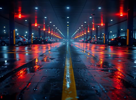 A parking garage at midnight with electric blue automotive lighting shining on the symmetrical rows of cars. The tower block in the city creates a striking backdrop against the dark sky