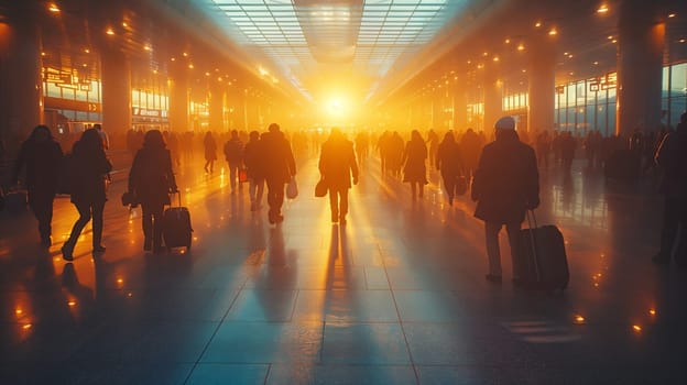 A crowd of travelers is bustling through an airport terminal at sunset, eager for their next travel adventure under the colorful horizon