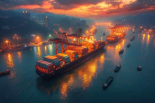 A watercraft, a large container ship, is docked in a harbor at night under a cloudy sky, creating a picturesque landscape with the horizon in the background