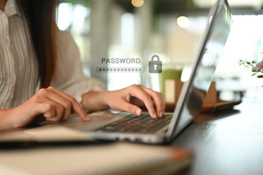 Woman filling personal credential password login to account on laptop. Cyber security concept.