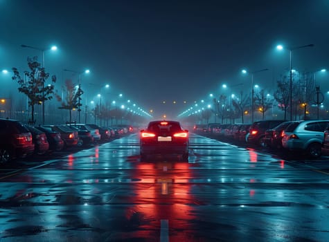 A vehicle with automotive lighting is driving down a wet street at night in a city parking lot, illuminating the asphalt with its automotive tail and brake lights under the sky lit by street lights