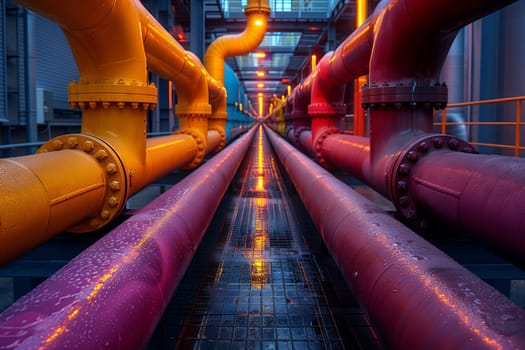 Steel casing pipes are symmetrically lined up in a city factory, their electric blue color adding a touch of fun to the metal engineering environment