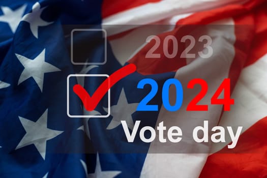Presidential Election 2024 text on a mini chalkboard over a vintage background with part of the American Flag. Top view. High quality photo