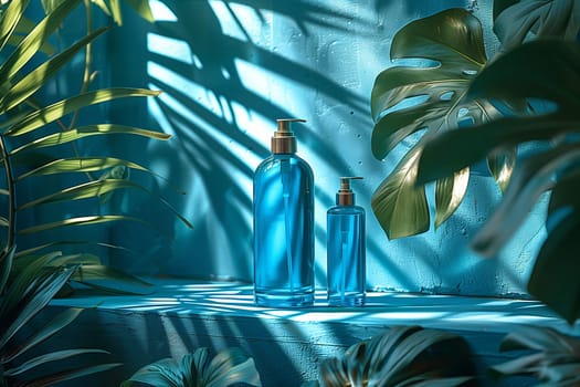 Two electric blue bottles of perfume are displayed on a table surrounded by lush tropical leaves, creating a beautiful contrast between water and terrestrial plants in a dark, artistic setting