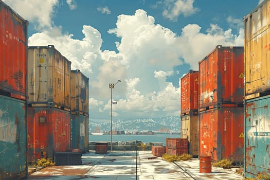 A stack of weathered shipping containers creates a unique facade in a city warehouse, contrasting against the cloudy sky and urban landscape