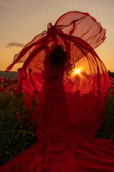 Woman poppy field red dress sunset. Happy woman in a long red dress in a beautiful large poppy field. Blond stands with her back posing on a large field of red poppies.