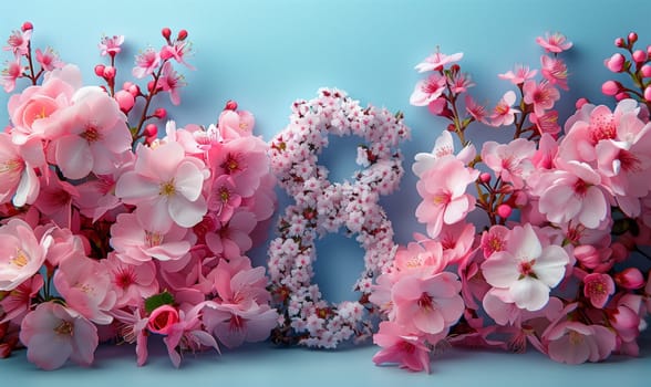 The letter b is creatively formed with pink flowers on a blue background, showcasing the beauty of blossoms and plant life