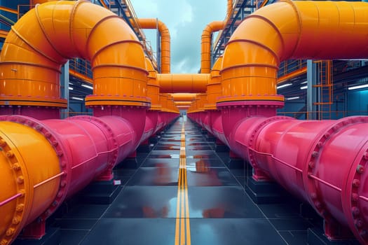 A row of steel casing pipes in bright orange and pink colors line the factory infrastructure, bringing a fun pop of color to the industrial setting