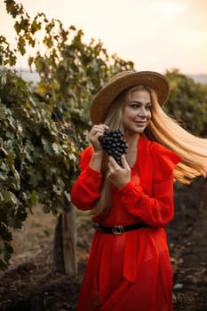 portrait of a happy woman in the summer vineyards at sunset. woman in a hat and smiling