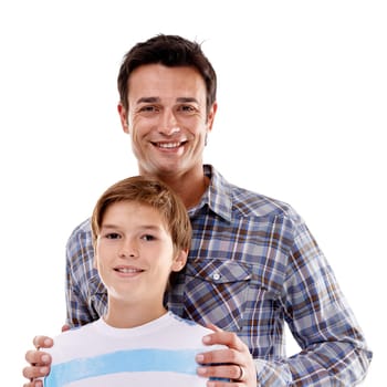 Happy dad, portrait and hug with child in fashion for family or bonding on a white studio background. Father, son or kid with smile in casual clothing, support or trust for parenthood or childhood.