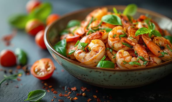 Delicious sauteed spicy shrimp with lime and basilik. Selrctive soft focus.