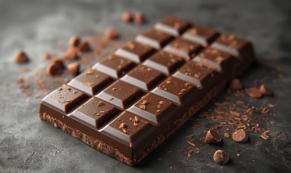 Pieces of chocolate bar with chocolate chips on rust wood background.