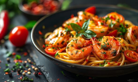 Delicious sauteed spicy shrimp with lime and basilik. Selrctive soft focus.