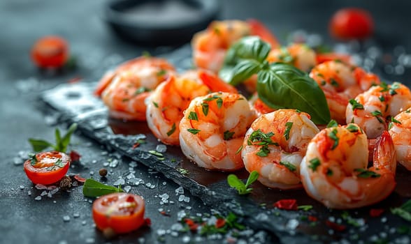 Delicious sauteed spicy shrimp with lime and basilik. Selrctive soft focus.