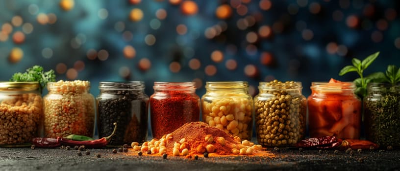 Food background with spices, herbs, sauces and vegetables on a vintage background.