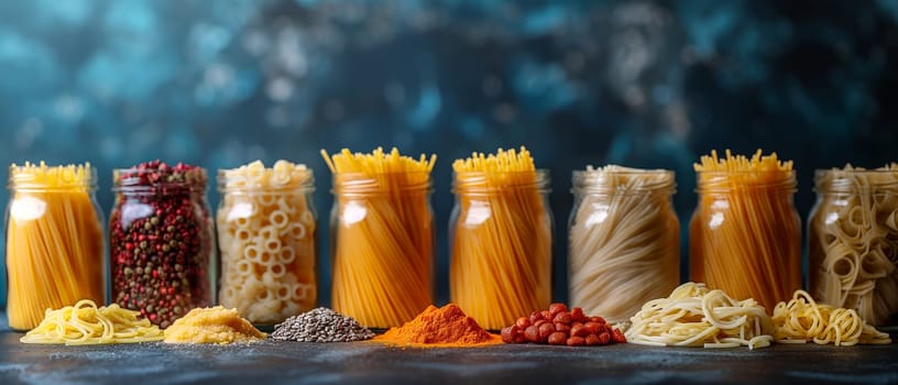 Food background with spaghetti recipe ingredient on blue texture background.