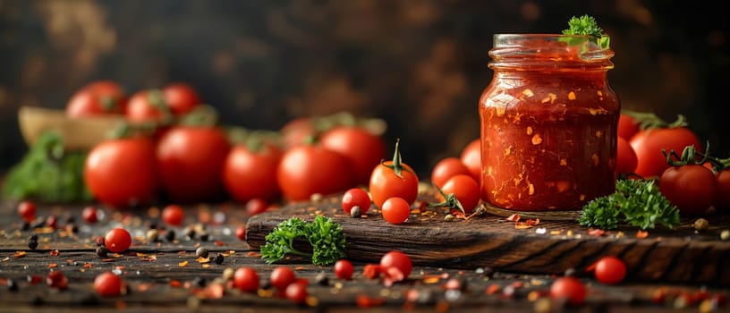 Food background with spices, herbs, sauces and vegetables on a vintage background.