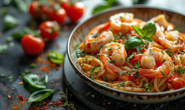 Delicious sauteed spicy shrimp with lime and basilik. Selrctive soft focus.