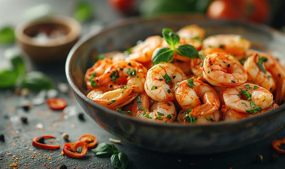 Delicious sauteed spicy shrimp with lime and basilik. Selrctive soft focus.